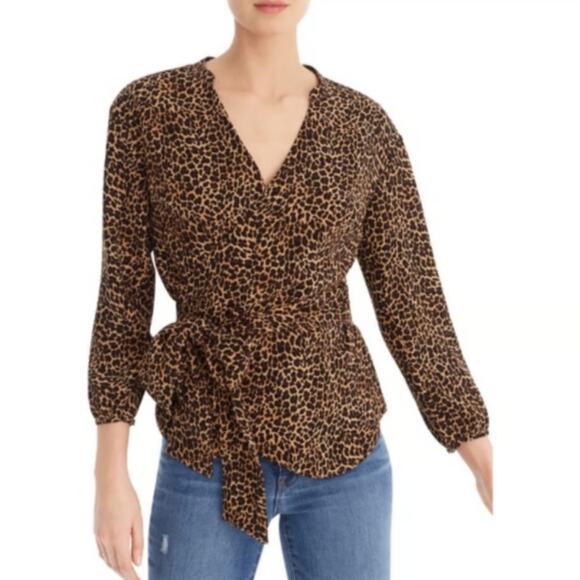 J. Crew Size S Peplum Sara Leopard Print Wrap Top Blouse Black Tan Long Sleeve - Picture 1 of 15